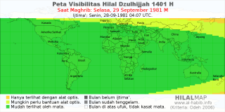 HilalMap: Peta Visibilitas Hilal Dzulhijjah 1401 H: rukyat tanggal 1981-9-29 M
