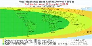 HilalMap: Peta Visibilitas Hilal Rabiul-Awwal 1402 H: rukyat tanggal 1981-12-27 M