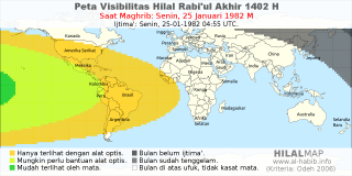 HilalMap: Peta Visibilitas Hilal Rabiul-Akhir 1402 H: rukyat tanggal 1982-1-25 M