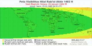 HilalMap: Peta Visibilitas Hilal Rabiul-Akhir 1402 H: rukyat tanggal 1982-1-26 M