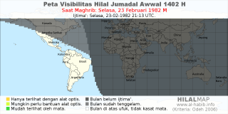 HilalMap: Peta Visibilitas Hilal Jumadal-Awwal 1402 H: rukyat tanggal 1982-2-23 M