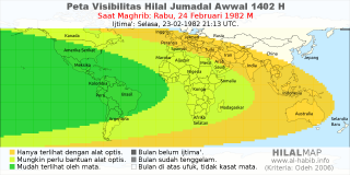 HilalMap: Peta Visibilitas Hilal Jumadal-Awwal 1402 H: rukyat tanggal 1982-2-24 M