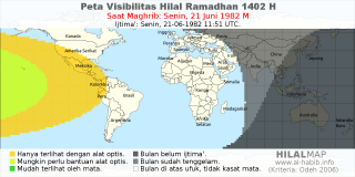 HilalMap: Peta Visibilitas Hilal Ramadhan 1402 H: rukyat tanggal 1982-6-21 M