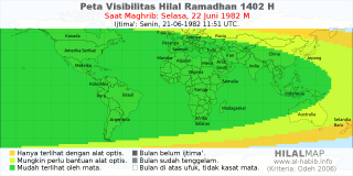 HilalMap: Peta Visibilitas Hilal Ramadhan 1402 H: rukyat tanggal 1982-6-22 M