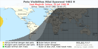 HilalMap: Peta Visibilitas Hilal Syawwal 1402 H: rukyat tanggal 1982-7-20 M