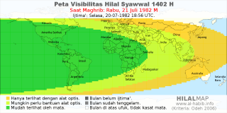 HilalMap: Peta Visibilitas Hilal Syawwal 1402 H: rukyat tanggal 1982-7-21 M