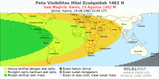 HilalMap: Peta Visibilitas Hilal Dzulqaidah 1402 H: rukyat tanggal 1982-8-19 M
