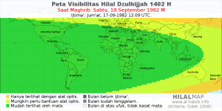 HilalMap: Peta Visibilitas Hilal Dzulhijjah 1402 H: rukyat tanggal 1982-9-18 M