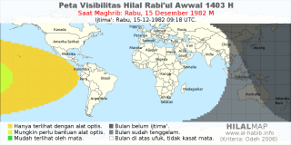 HilalMap: Peta Visibilitas Hilal Rabiul-Awwal 1403 H: rukyat tanggal 1982-12-15 M