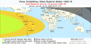 HilalMap: Peta Visibilitas Hilal Rabiul-Akhir 1403 H: rukyat tanggal 1983-1-14 M