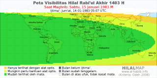 HilalMap: Peta Visibilitas Hilal Rabiul-Akhir 1403 H: rukyat tanggal 1983-1-15 M