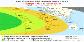 HilalMap: Peta Visibilitas Hilal Jumadal-Awwal 1403 H: rukyat tanggal 1983-2-13 M
