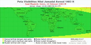 HilalMap: Peta Visibilitas Hilal Jumadal-Awwal 1403 H: rukyat tanggal 1983-2-14 M
