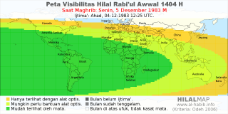 HilalMap: Peta Visibilitas Hilal Rabiul-Awwal 1404 H: rukyat tanggal 1983-12-5 M