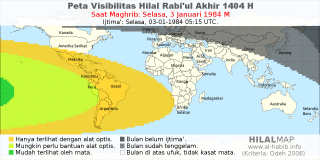HilalMap: Peta Visibilitas Hilal Rabiul-Akhir 1404 H: rukyat tanggal 1984-1-3 M