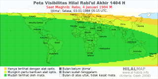 HilalMap: Peta Visibilitas Hilal Rabiul-Akhir 1404 H: rukyat tanggal 1984-1-4 M