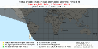 HilalMap: Peta Visibilitas Hilal Jumadal-Awwal 1404 H: rukyat tanggal 1984-2-1 M