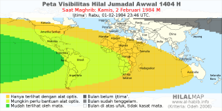 HilalMap: Peta Visibilitas Hilal Jumadal-Awwal 1404 H: rukyat tanggal 1984-2-2 M