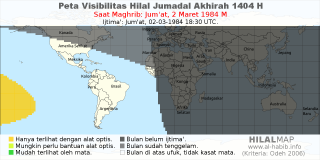 HilalMap: Peta Visibilitas Hilal Jumadal-Akhirah 1404 H: rukyat tanggal 1984-3-2 M