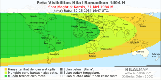HilalMap: Peta Visibilitas Hilal Ramadhan 1404 H: rukyat tanggal 1984-5-31 M