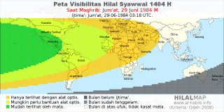 HilalMap: Peta Visibilitas Hilal Syawwal 1404 H: rukyat tanggal 1984-6-29 M