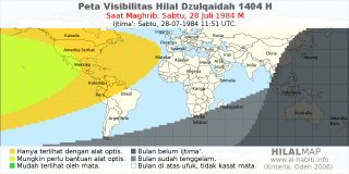 HilalMap: Peta Visibilitas Hilal Dzulqaidah 1404 H: rukyat tanggal 1984-7-28 M