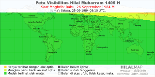 HilalMap: Peta Visibilitas Hilal Muharram 1405 H: rukyat tanggal 1984-9-26 M