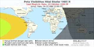 HilalMap: Peta Visibilitas Hilal Shafar 1405 H: rukyat tanggal 1984-10-24 M
