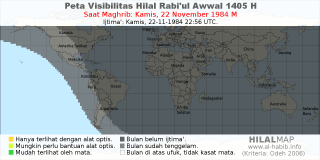 HilalMap: Peta Visibilitas Hilal Rabiul-Awwal 1405 H: rukyat tanggal 1984-11-22 M