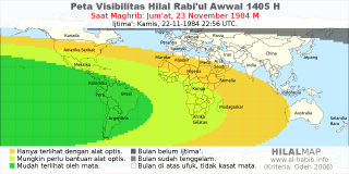 HilalMap: Peta Visibilitas Hilal Rabiul-Awwal 1405 H: rukyat tanggal 1984-11-23 M
