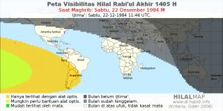 HilalMap: Peta Visibilitas Hilal Rabiul-Akhir 1405 H: rukyat tanggal 1984-12-22 M