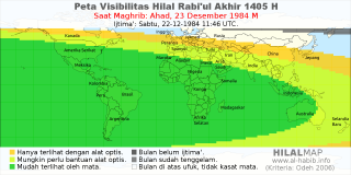 HilalMap: Peta Visibilitas Hilal Rabiul-Akhir 1405 H: rukyat tanggal 1984-12-23 M