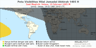 HilalMap: Peta Visibilitas Hilal Jumadal-Akhirah 1405 H: rukyat tanggal 1985-2-19 M