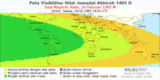 HilalMap: Peta Visibilitas Hilal Jumadal-Akhirah 1405 H: rukyat tanggal 1985-2-20 M