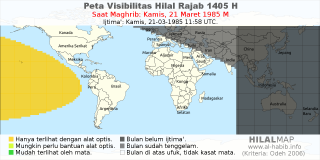 HilalMap: Peta Visibilitas Hilal Rajab 1405 H: rukyat tanggal 1985-3-21 M