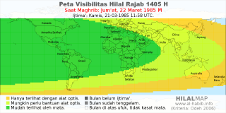 HilalMap: Peta Visibilitas Hilal Rajab 1405 H: rukyat tanggal 1985-3-22 M
