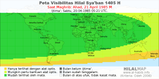HilalMap: Peta Visibilitas Hilal Syaban 1405 H: rukyat tanggal 1985-4-21 M