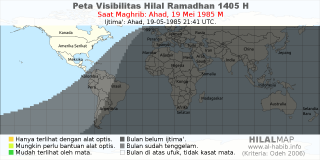 HilalMap: Peta Visibilitas Hilal Ramadhan 1405 H: rukyat tanggal 1985-5-19 M