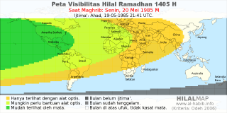 HilalMap: Peta Visibilitas Hilal Ramadhan 1405 H: rukyat tanggal 1985-5-20 M