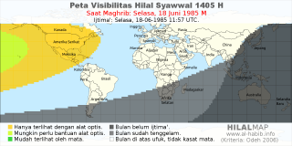 HilalMap: Peta Visibilitas Hilal Syawwal 1405 H: rukyat tanggal 1985-6-18 M