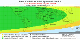 HilalMap: Peta Visibilitas Hilal Syawwal 1405 H: rukyat tanggal 1985-6-19 M