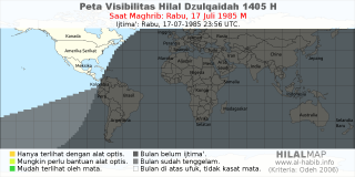 HilalMap: Peta Visibilitas Hilal Dzulqaidah 1405 H: rukyat tanggal 1985-7-17 M