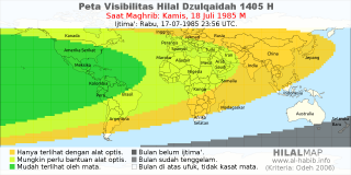 HilalMap: Peta Visibilitas Hilal Dzulqaidah 1405 H: rukyat tanggal 1985-7-18 M