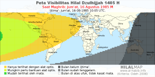 HilalMap: Peta Visibilitas Hilal Dzulhijjah 1405 H: rukyat tanggal 1985-8-16 M