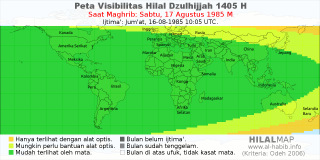 HilalMap: Peta Visibilitas Hilal Dzulhijjah 1405 H: rukyat tanggal 1985-8-17 M