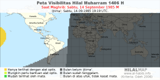 HilalMap: Peta Visibilitas Hilal Muharram 1406 H: rukyat tanggal 1985-9-14 M