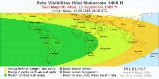 HilalMap: Peta Visibilitas Hilal Muharram 1406 H: rukyat tanggal 1985-9-15 M