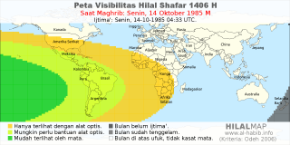 HilalMap: Peta Visibilitas Hilal Shafar 1406 H: rukyat tanggal 1985-10-14 M