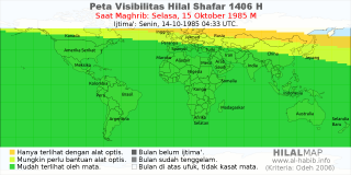 HilalMap: Peta Visibilitas Hilal Shafar 1406 H: rukyat tanggal 1985-10-15 M