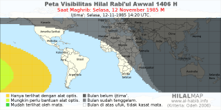 HilalMap: Peta Visibilitas Hilal Rabiul-Awwal 1406 H: rukyat tanggal 1985-11-12 M